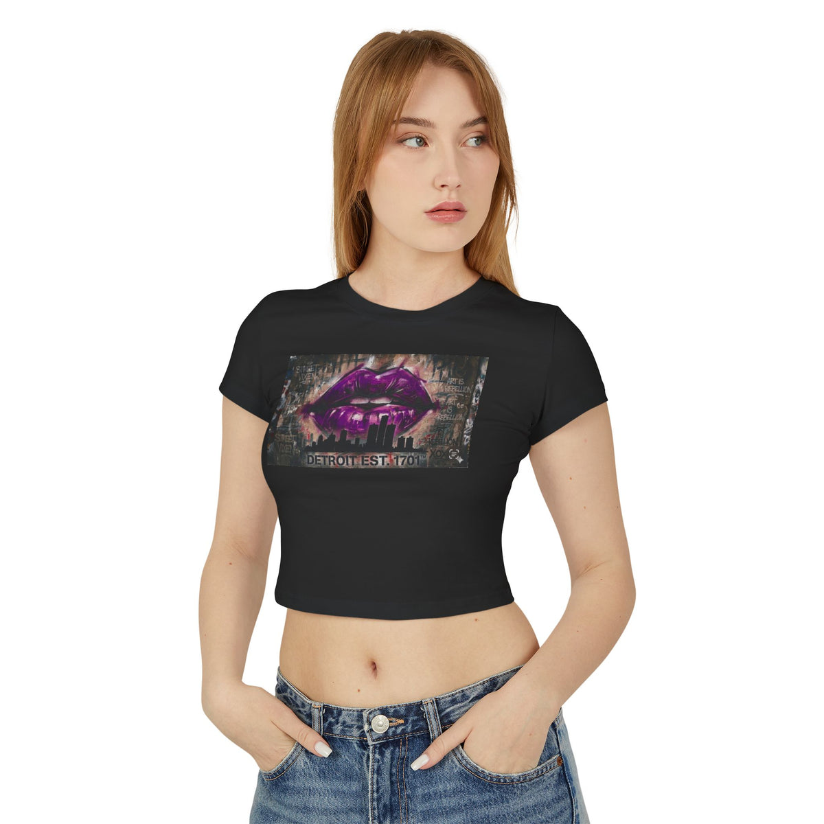 Women's Detroit Purple Lips Crop Baby Tee — Graffiti Skyline Graphic