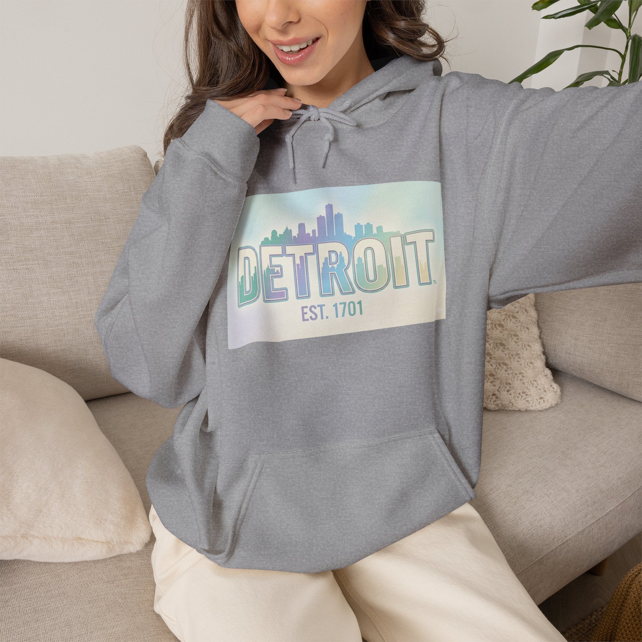 Women's Detroit Skyline Hoodie — Pastel Retro Cityscape "DETROIT Est. 1701"