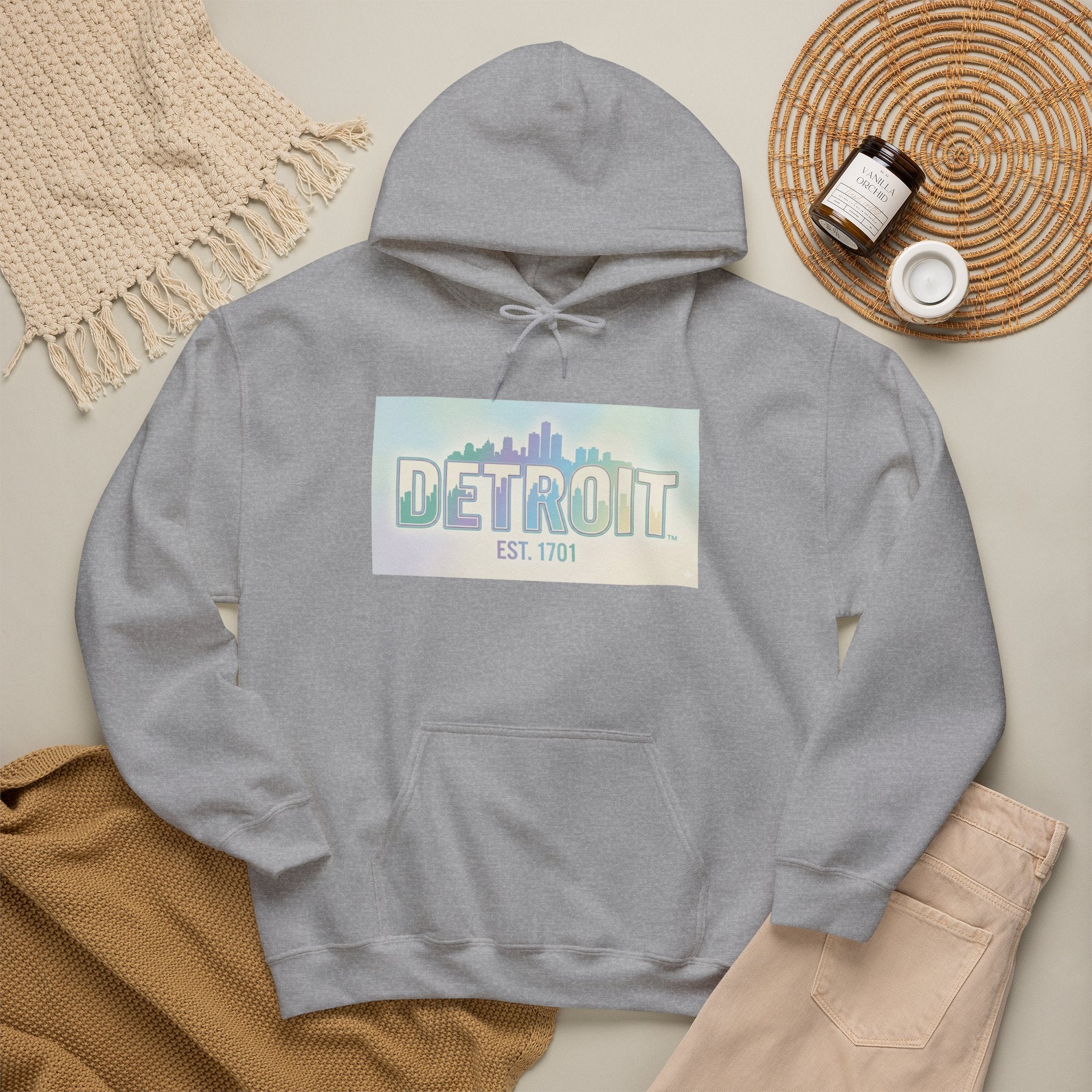 Women's Detroit Skyline Hoodie — Pastel Retro Cityscape "DETROIT Est. 1701"