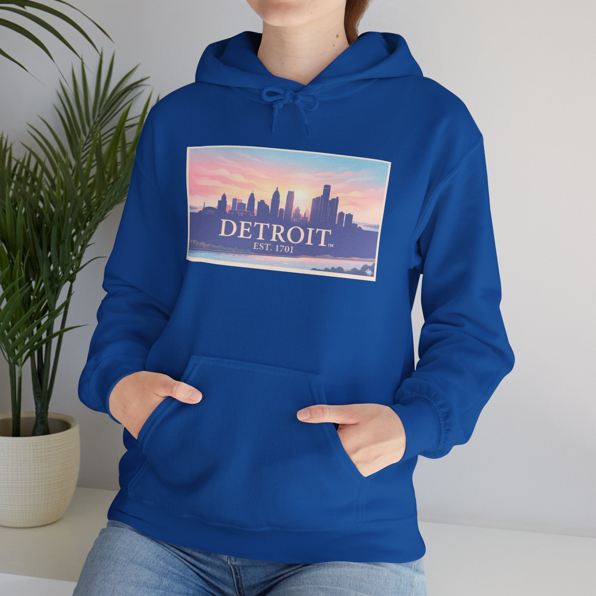 Women's Detroit Skyline Hoodie – Pastel Sunrise Cityscape