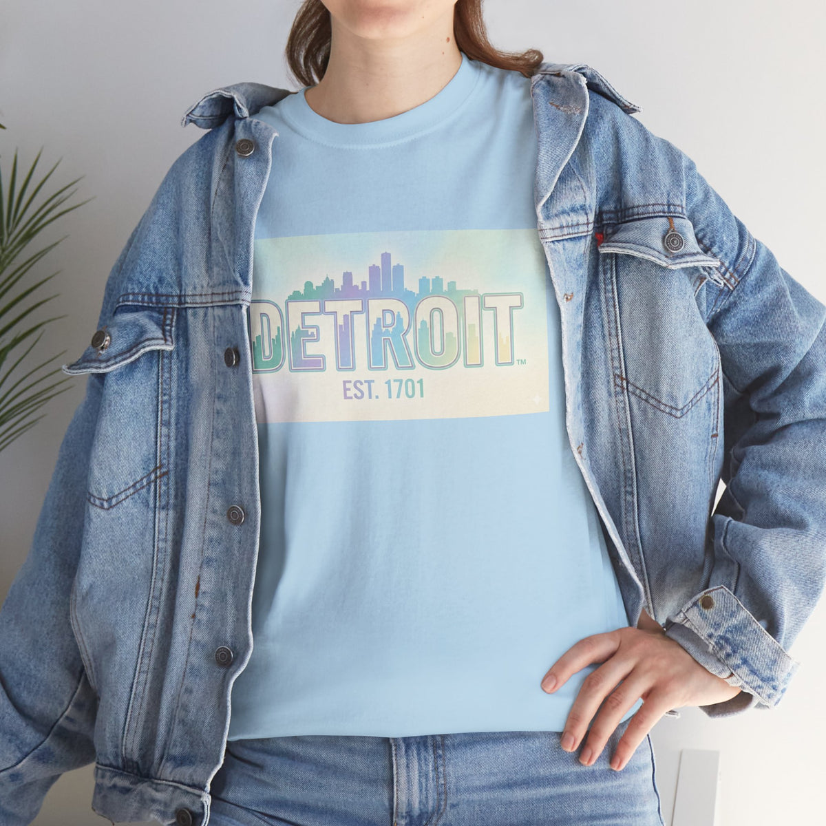 Women's Detroit Skyline T Shirt — Pastel Retro Cityscape "DETROIT Est. 1701"