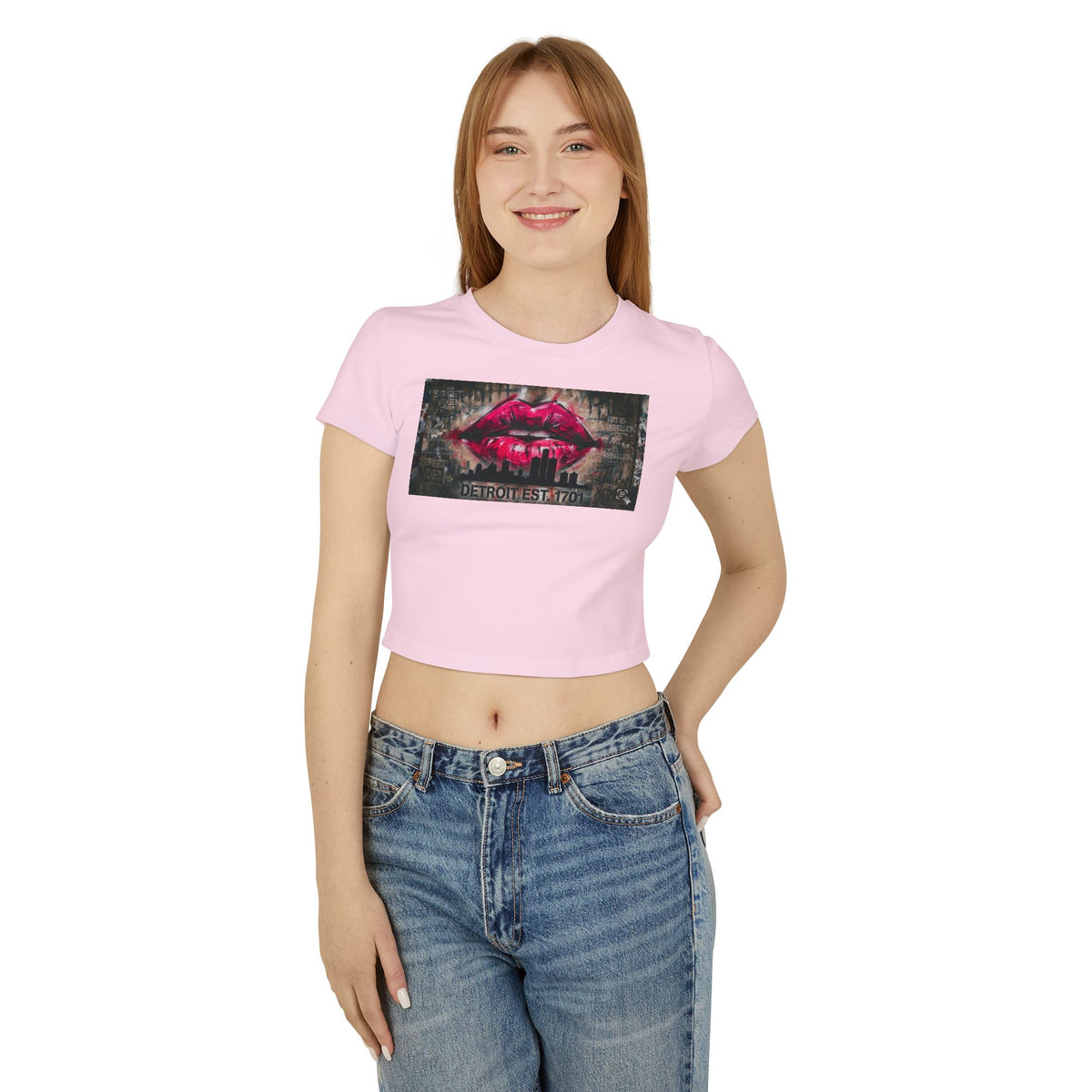 Women's Detroit Pink Lips Crop Baby Tee — Graffiti Skyline Graphic