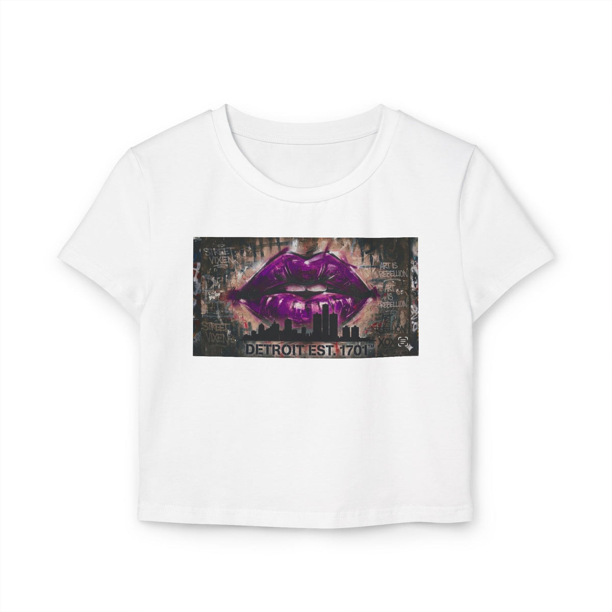 Women's Detroit Purple Lips Crop Baby Tee — Graffiti Skyline Graphic