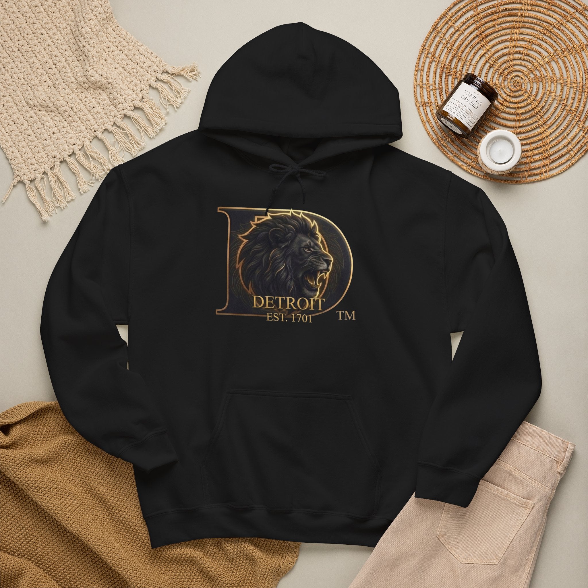 Detroit Pride Lion D Hoodie — Gold Monogram Graphic Pullover | Motor City Heritage