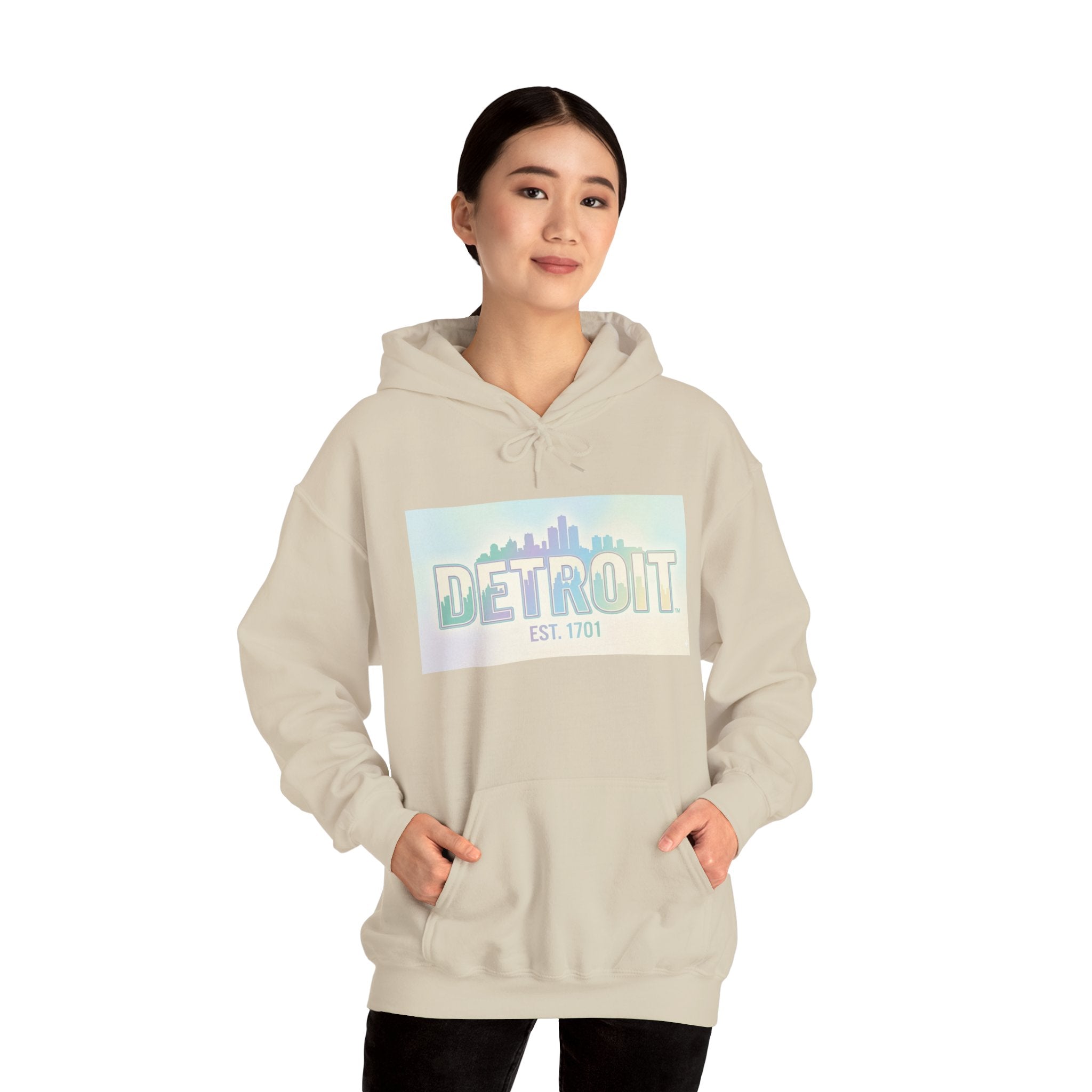 Women's Detroit Skyline Hoodie — Pastel Retro Cityscape "DETROIT Est. 1701"