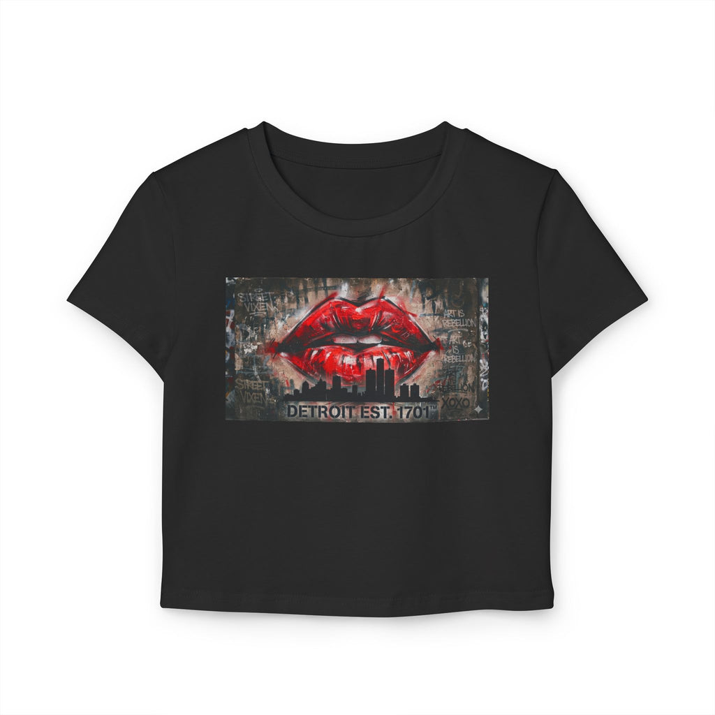 Women's Detroit Red Lips Crop Baby Tee — Graffiti Skyline Graphic