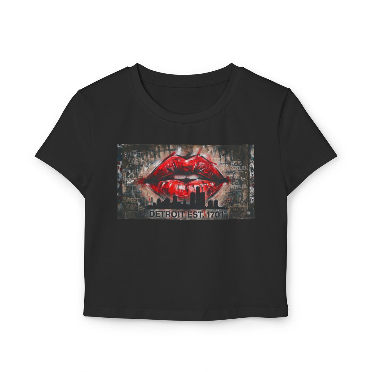 Women's Detroit Red Lips Crop Baby Tee — Graffiti Skyline Graphic