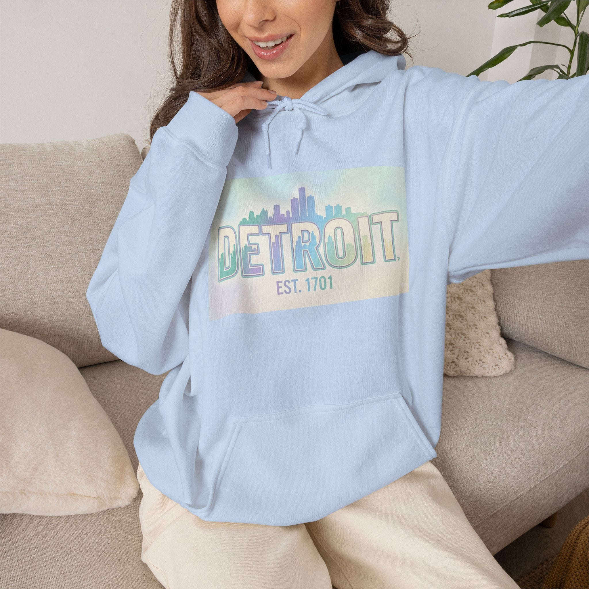 Women's Detroit Skyline Hoodie — Pastel Retro Cityscape "DETROIT Est. 1701"