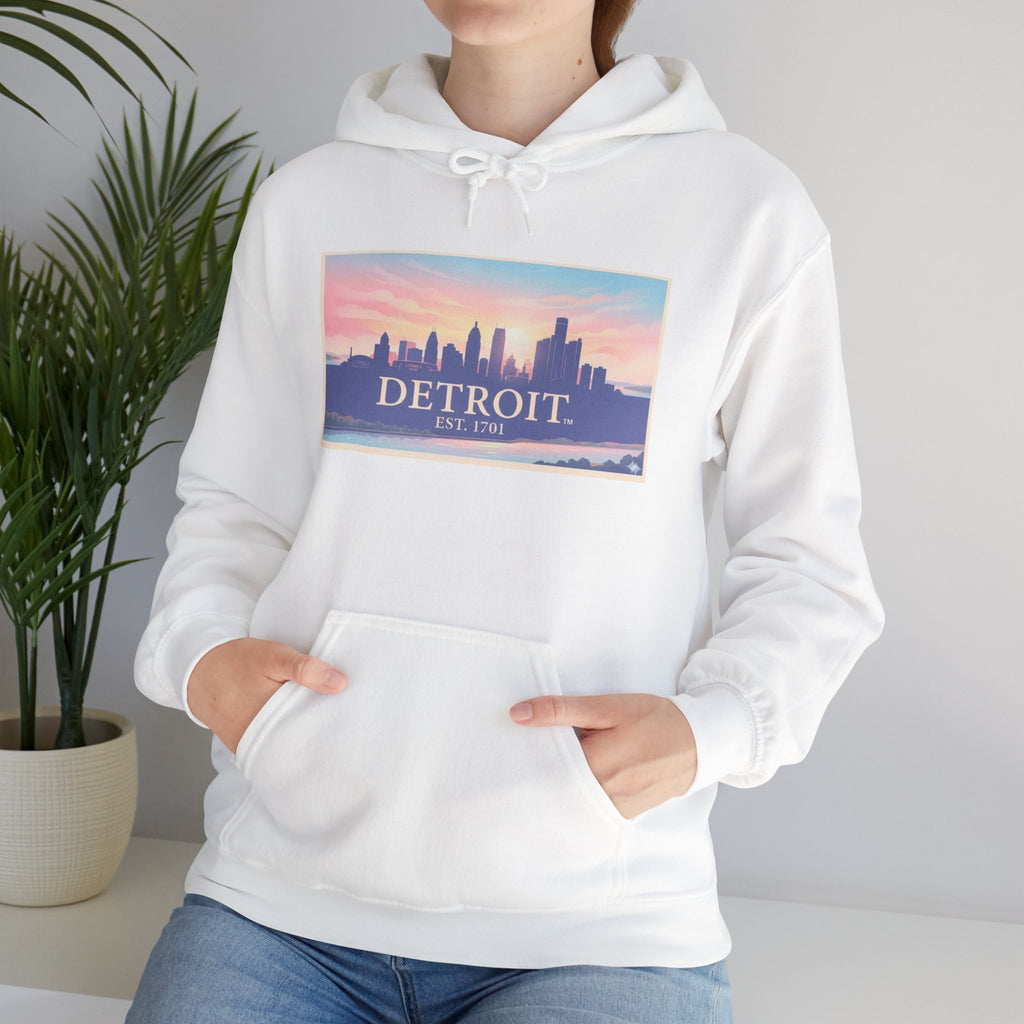 Women's Detroit Skyline Hoodie – Pastel Sunrise Cityscape