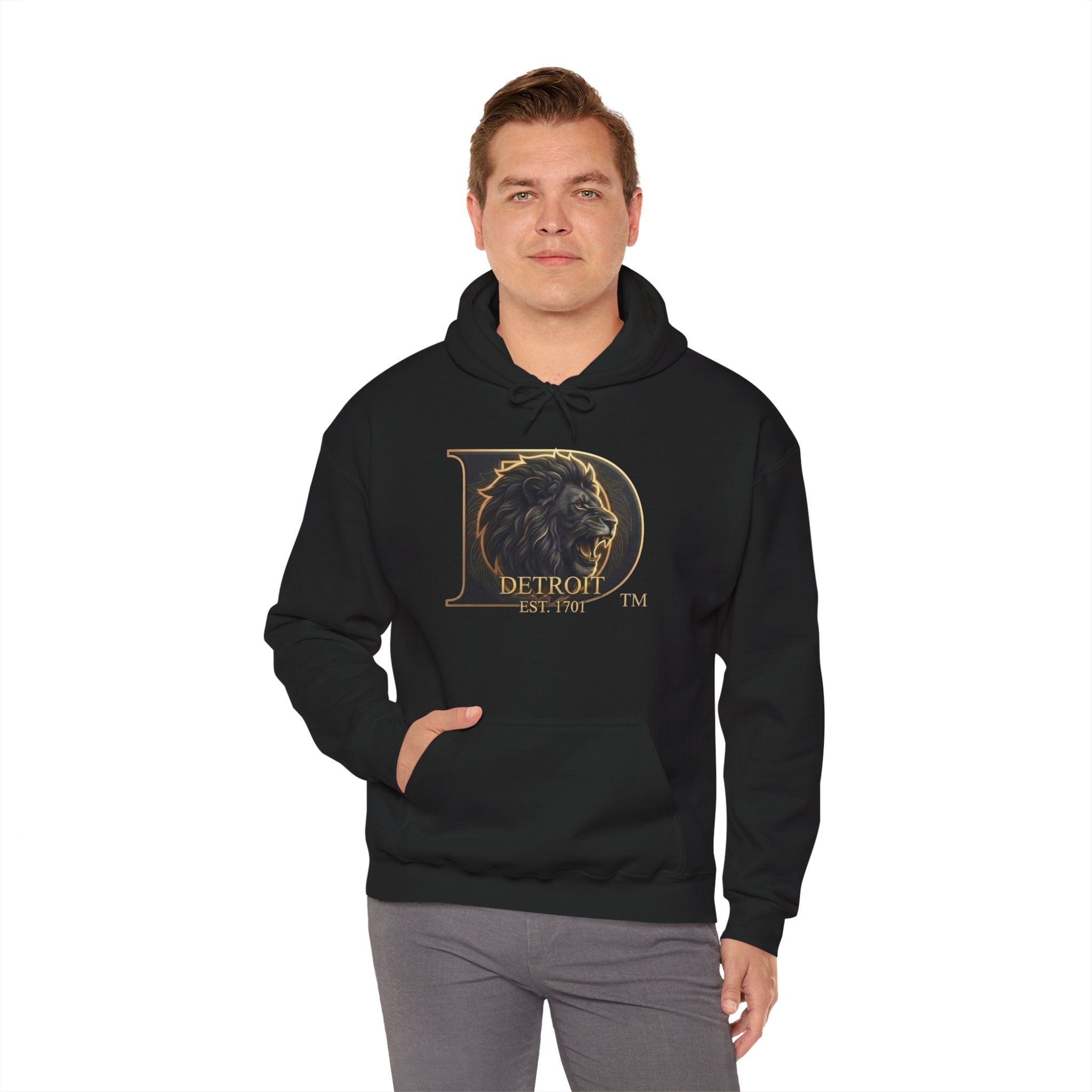 Detroit Pride Lion D Hoodie — Gold Monogram Graphic Pullover | Motor City Heritage