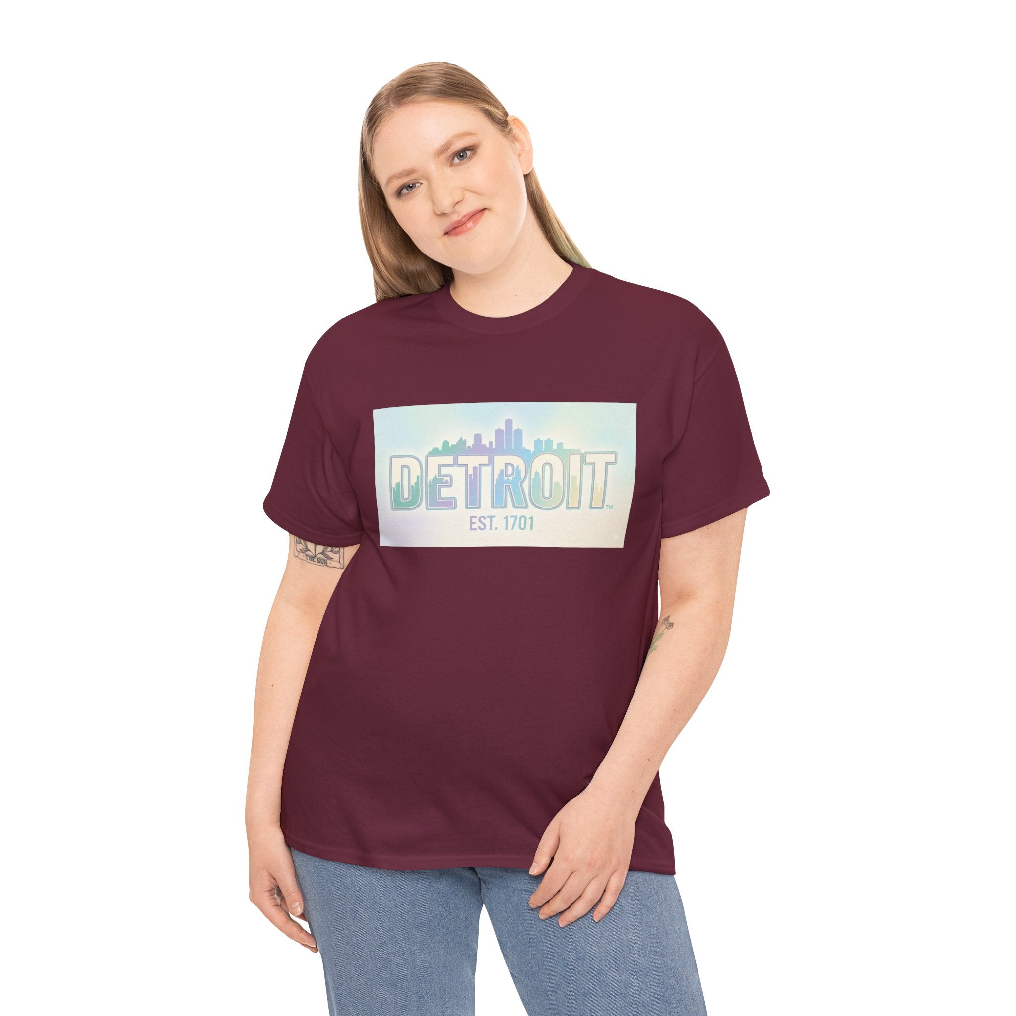 Women's Detroit Skyline T Shirt — Pastel Retro Cityscape "DETROIT Est. 1701"