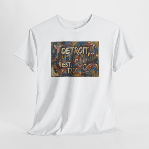 Detroit Abstract Painterly Mural T-Shirt — "DETROIT" Graphic Cotton Tee | Motor City Street Art