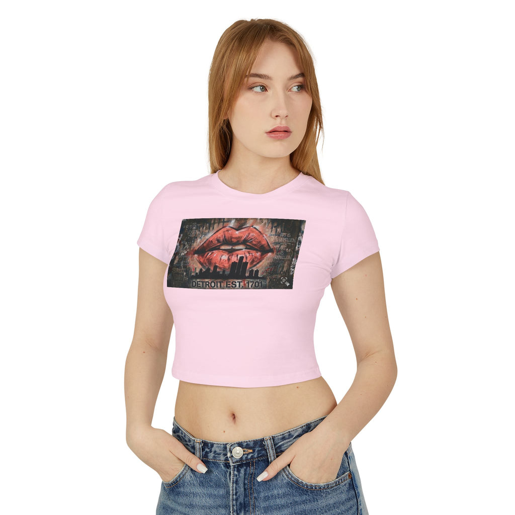 Women's Detroit Peach Lips Crop Baby Tee — Graffiti Skyline Graphic