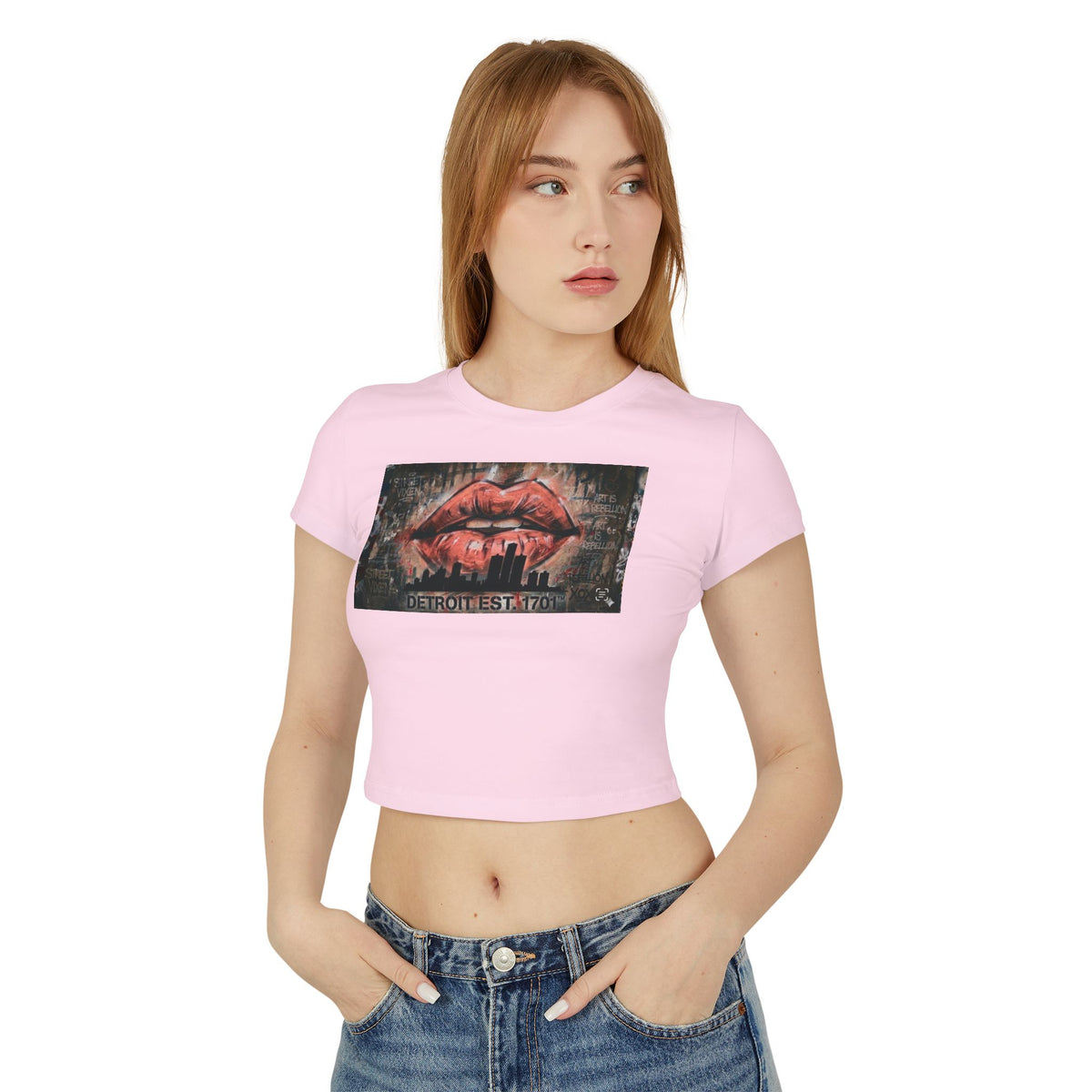 Women's Detroit Peach Lips Crop Baby Tee — Graffiti Skyline Graphic