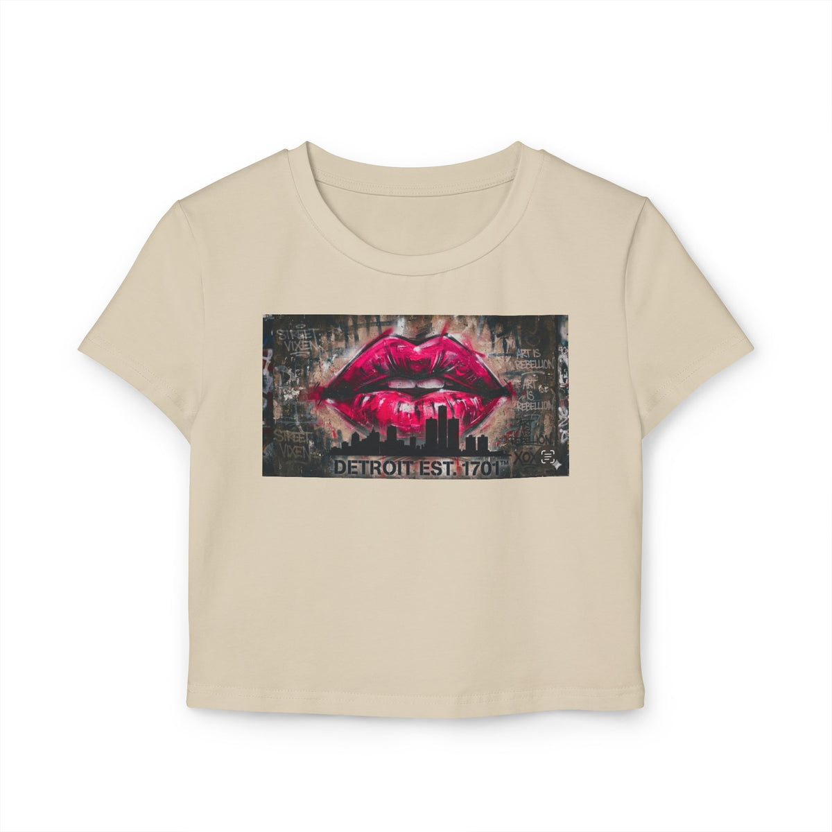 Women's Detroit Pink Lips Crop Baby Tee — Graffiti Skyline Graphic