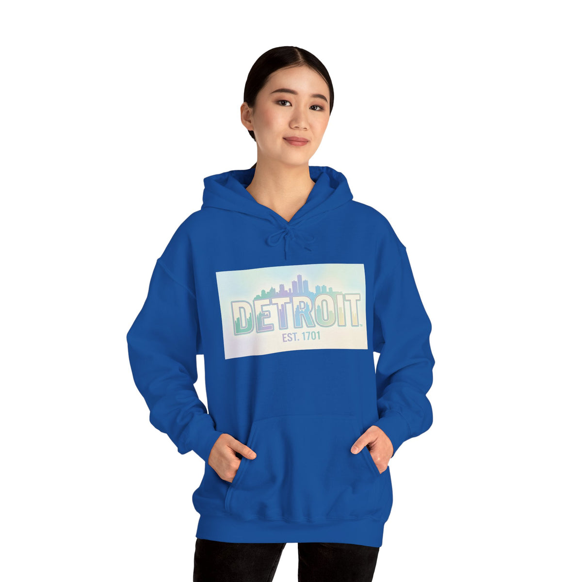 Women's Detroit Skyline Hoodie — Pastel Retro Cityscape "DETROIT Est. 1701"