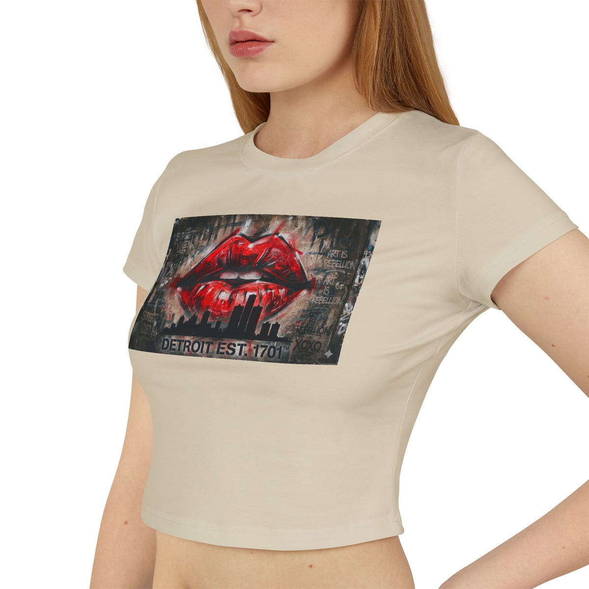 Women's Detroit Red Lips Crop Baby Tee — Graffiti Skyline Graphic