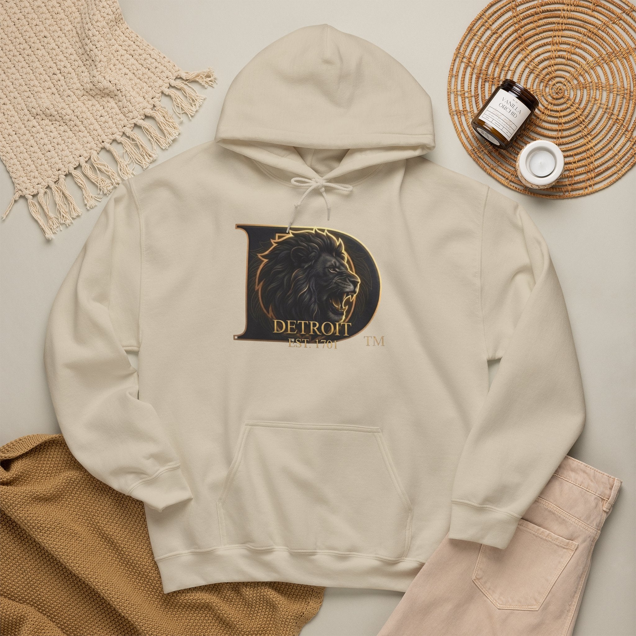 Detroit Pride Lion D Hoodie — Gold Monogram Graphic Pullover | Motor City Heritage