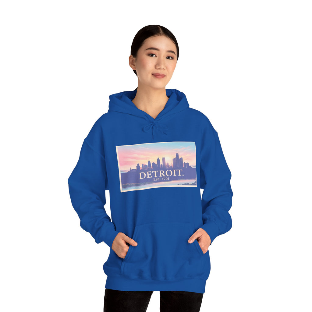 Women's Detroit Skyline Hoodie – Pastel Sunrise Cityscape