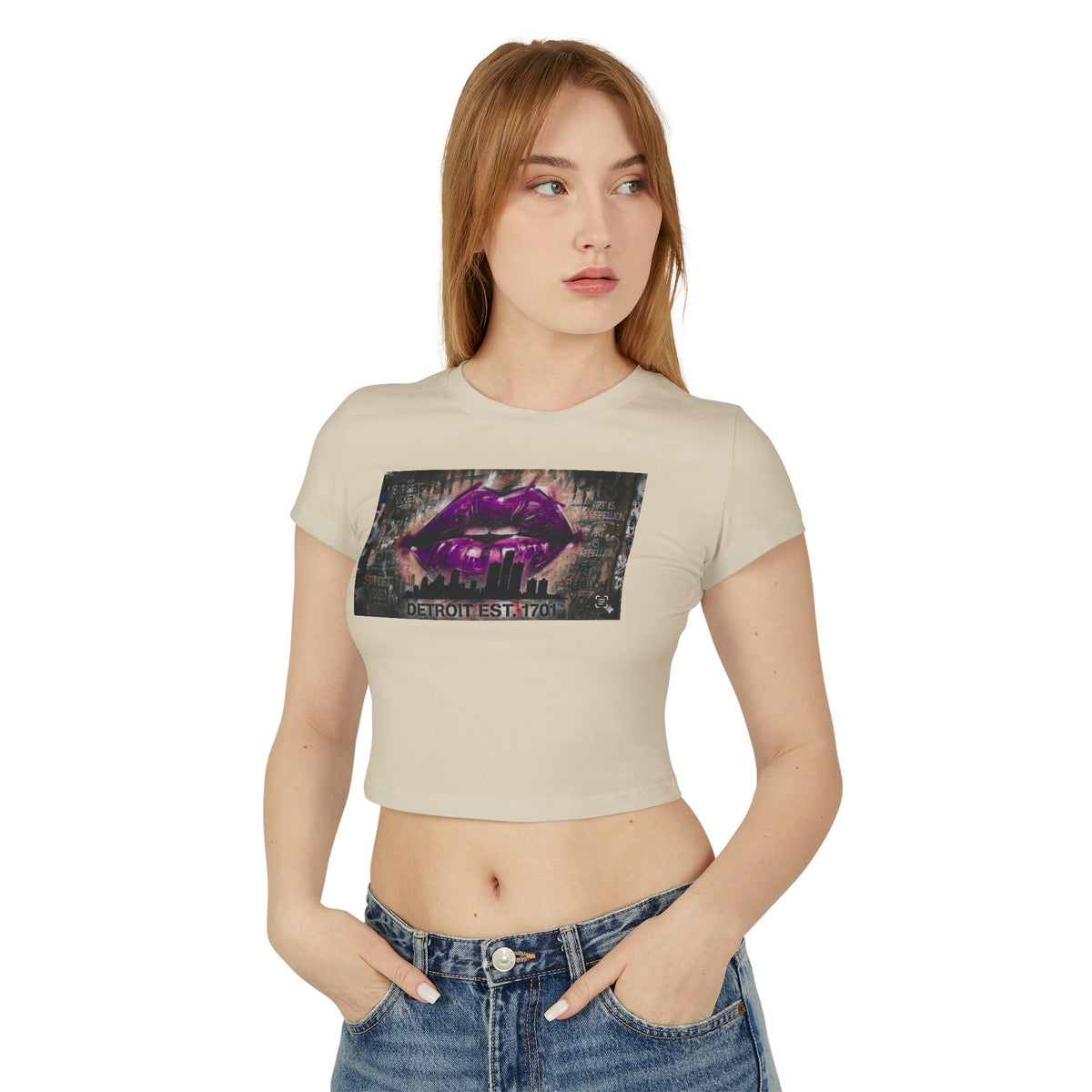 Women's Detroit Purple Lips Crop Baby Tee — Graffiti Skyline Graphic