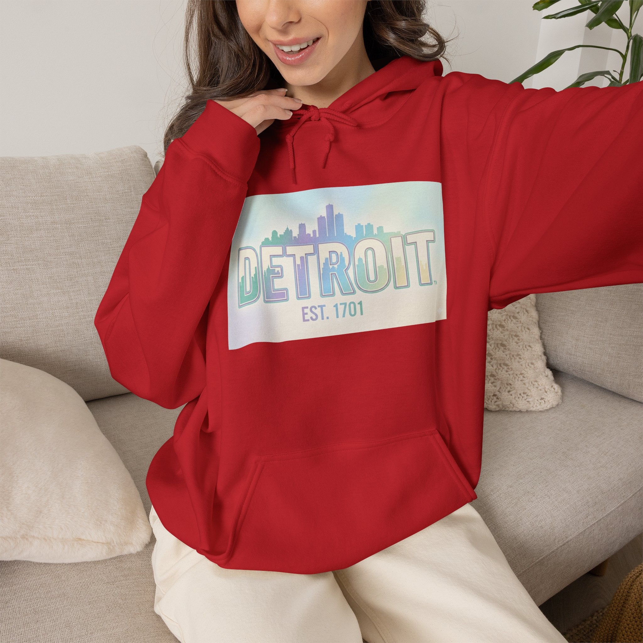 Women's Detroit Skyline Hoodie — Pastel Retro Cityscape "DETROIT Est. 1701"