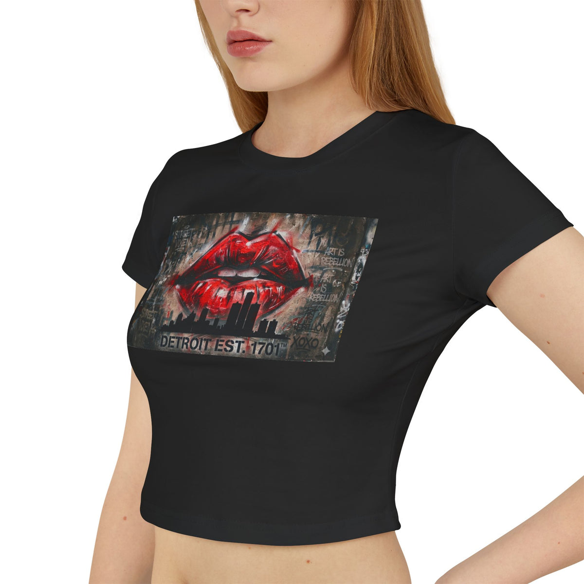 Women's Detroit Red Lips Crop Baby Tee — Graffiti Skyline Graphic