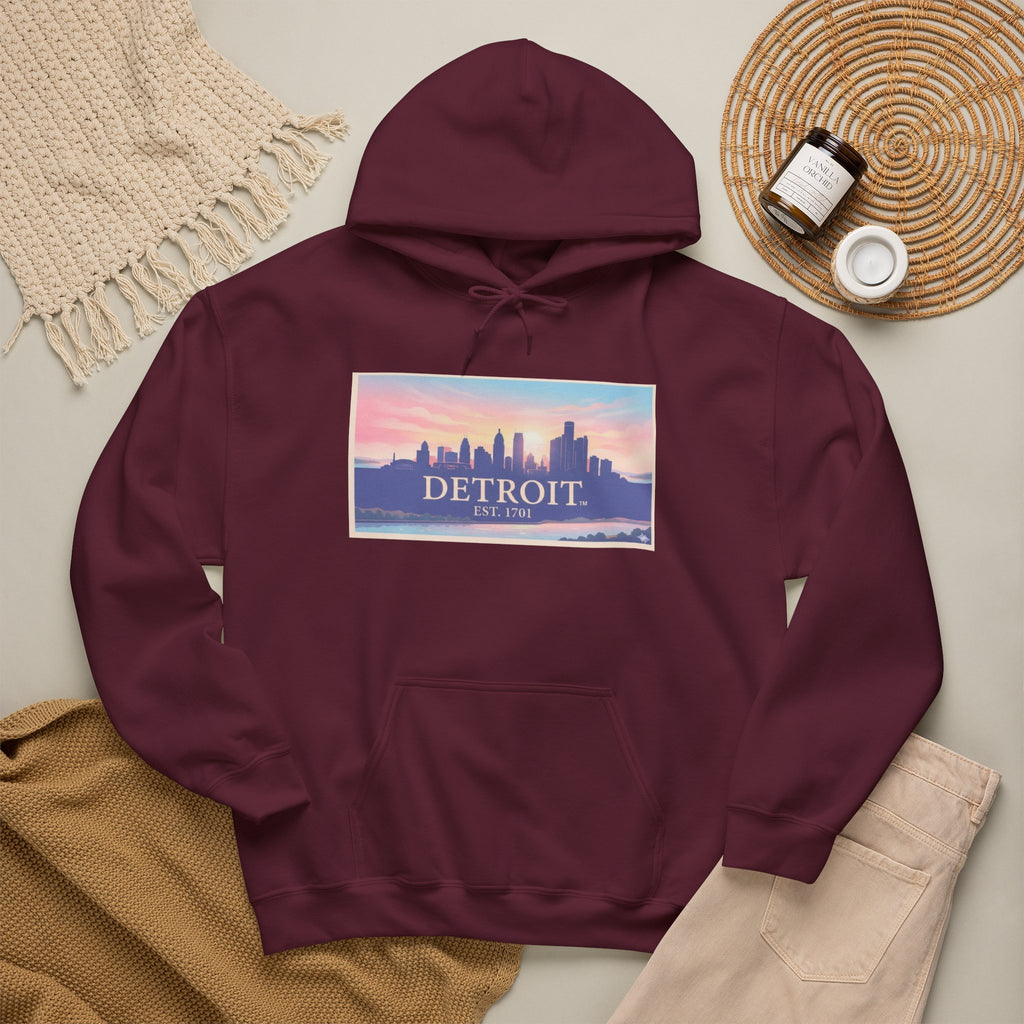 Women's Detroit Skyline Hoodie – Pastel Sunrise Cityscape