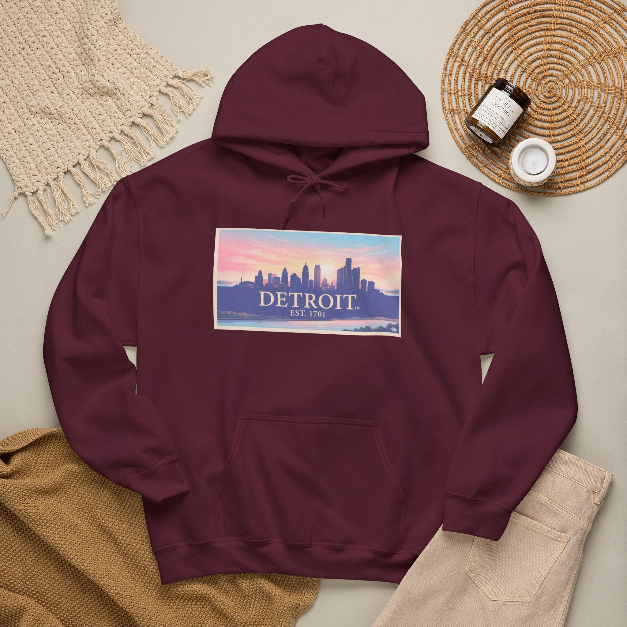 Women's Detroit Skyline Hoodie – Pastel Sunrise Cityscape