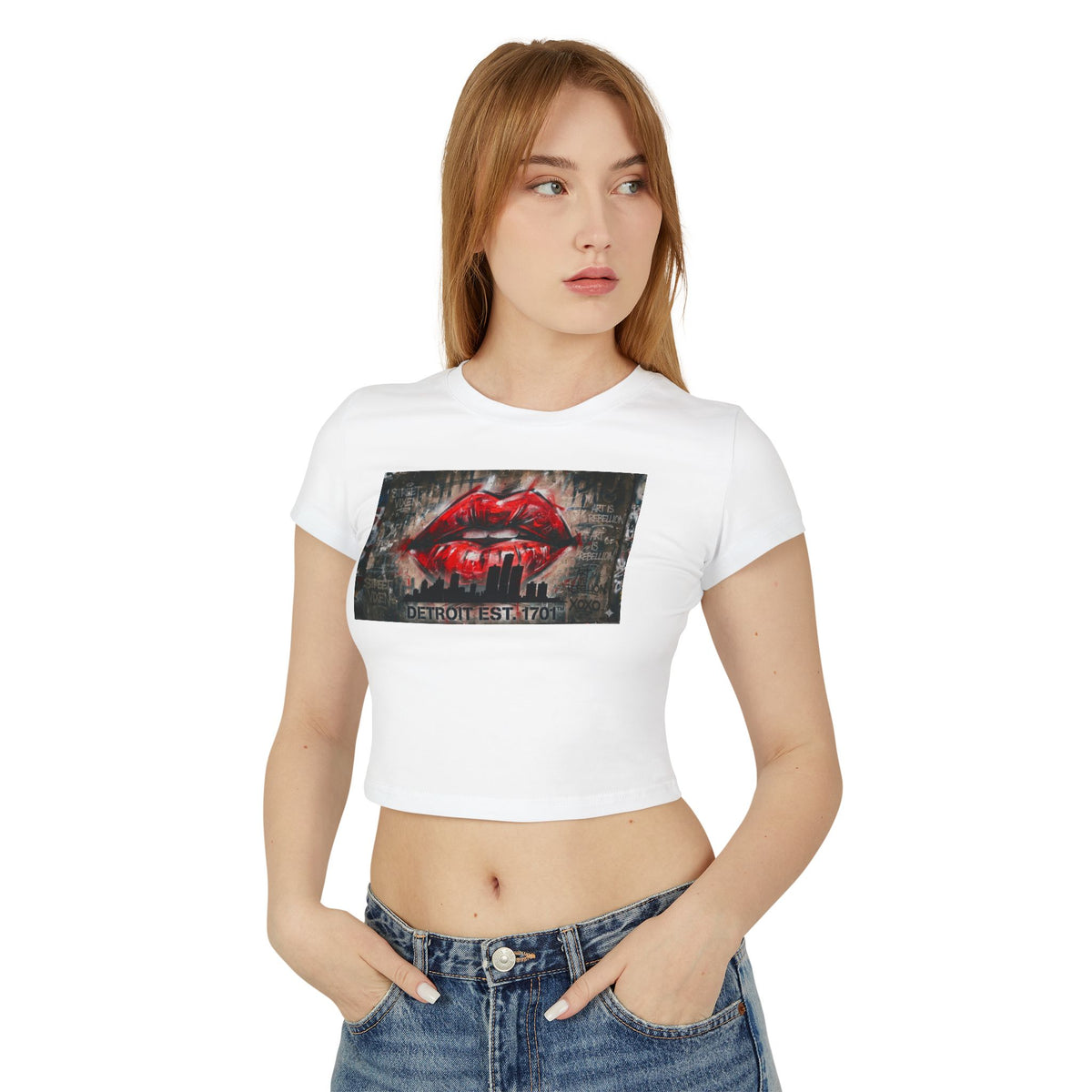 Women's Detroit Red Lips Crop Baby Tee — Graffiti Skyline Graphic