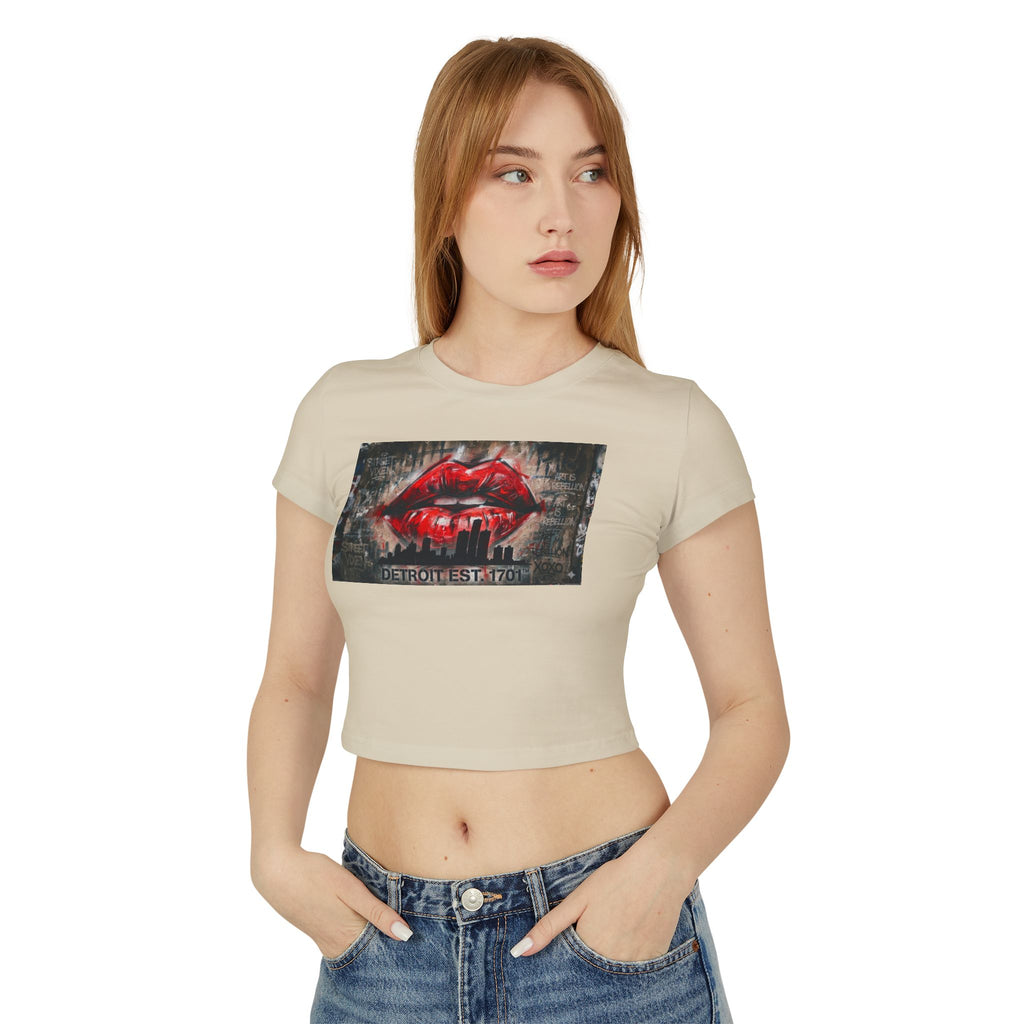 Women's Detroit Red Lips Crop Baby Tee — Graffiti Skyline Graphic