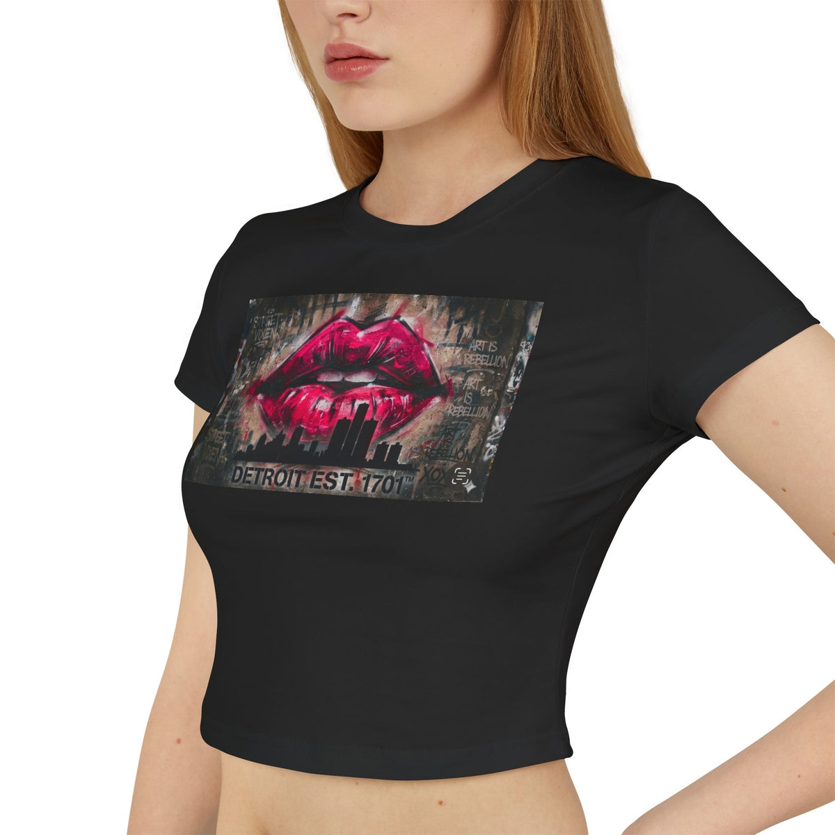 Women's Detroit Pink Lips Crop Baby Tee — Graffiti Skyline Graphic