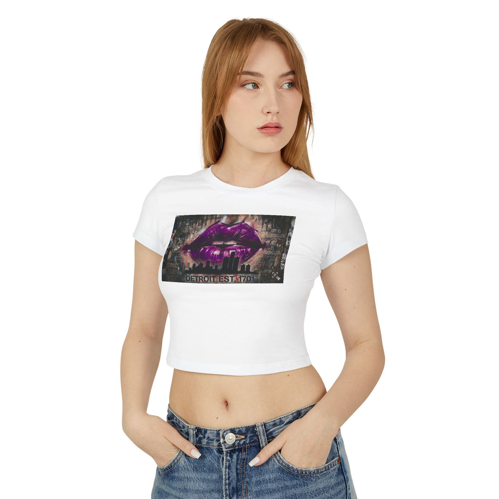Women's Detroit Purple Lips Crop Baby Tee — Graffiti Skyline Graphic