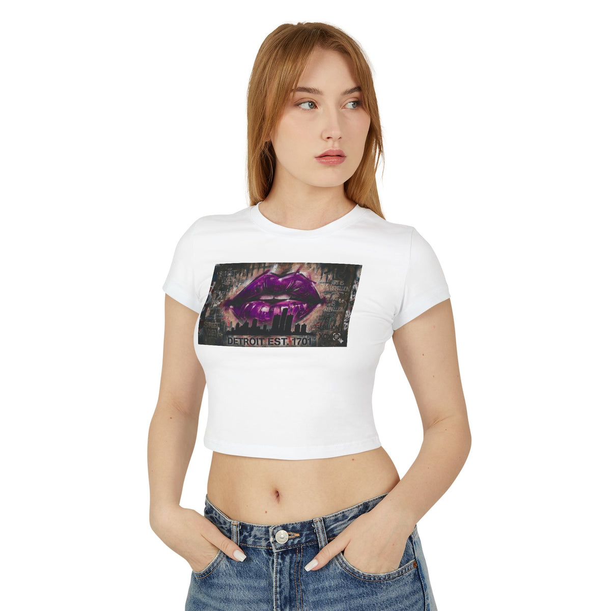 Women's Detroit Purple Lips Crop Baby Tee — Graffiti Skyline Graphic