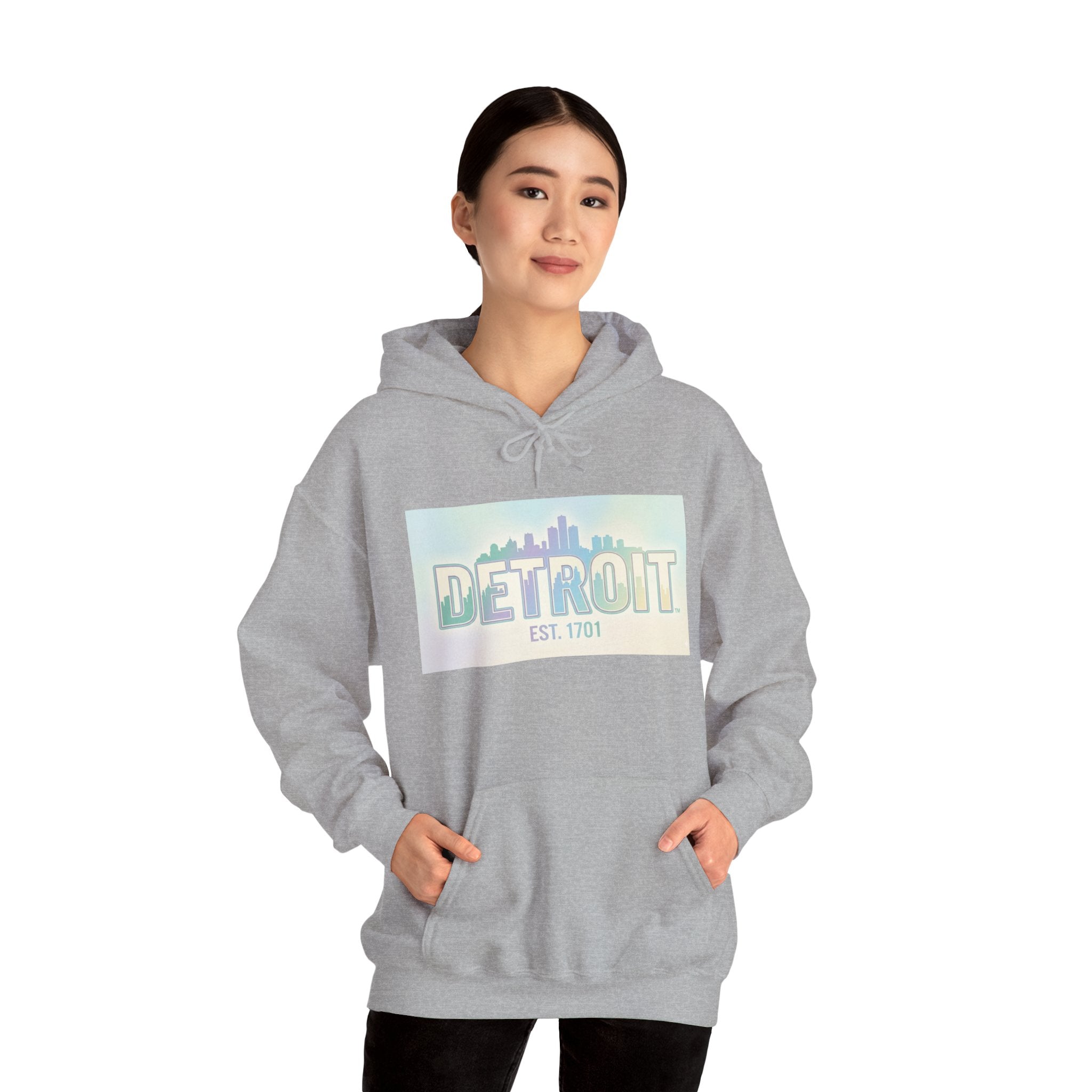 Women's Detroit Skyline Hoodie — Pastel Retro Cityscape "DETROIT Est. 1701"