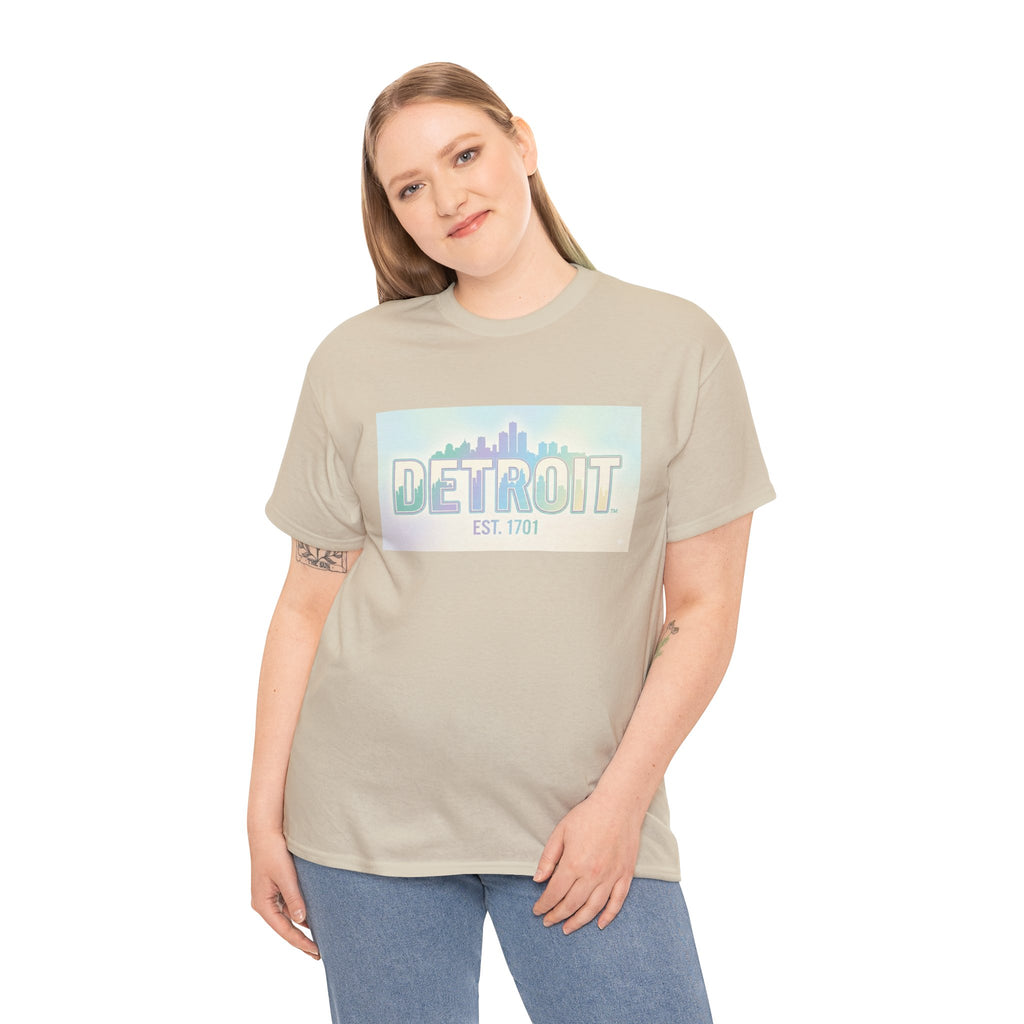 Women's Detroit Skyline T Shirt — Pastel Retro Cityscape "DETROIT Est. 1701"
