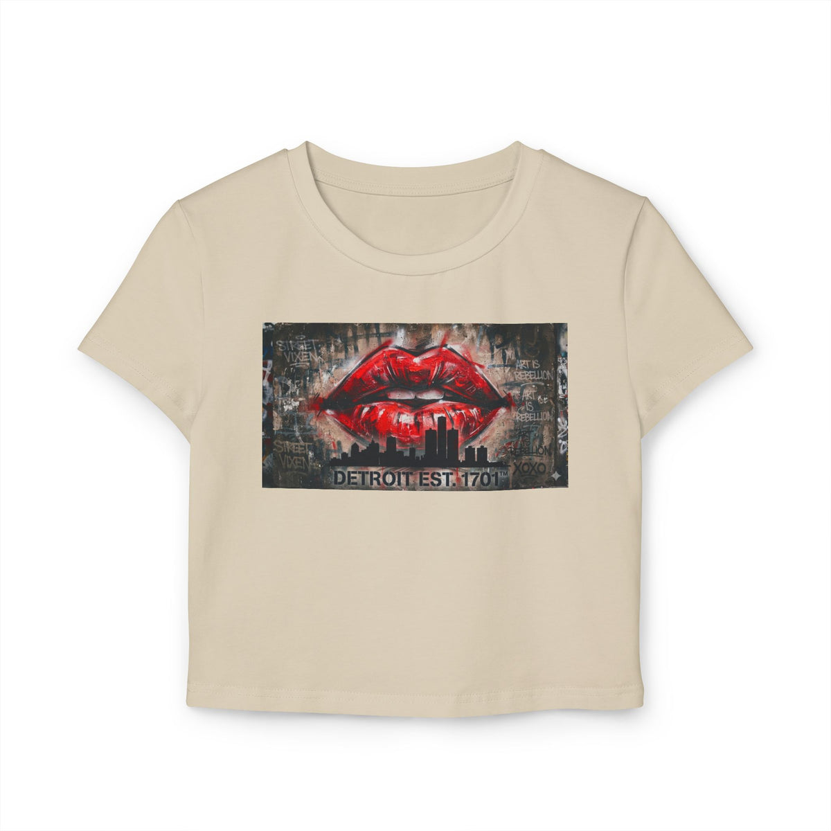 Women's Detroit Red Lips Crop Baby Tee — Graffiti Skyline Graphic