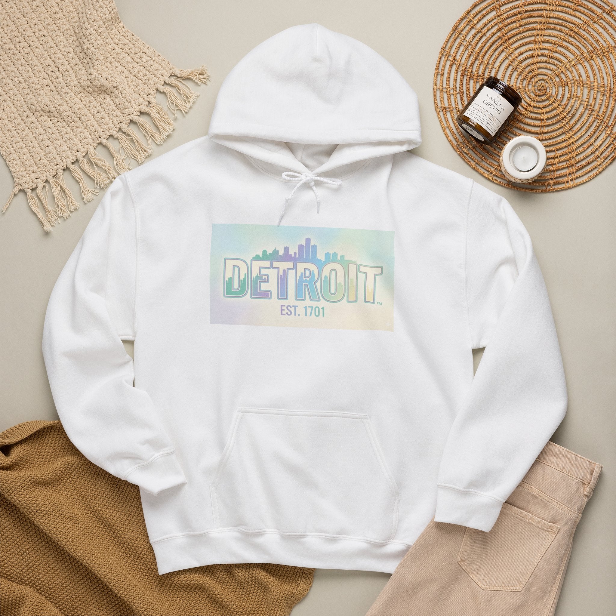 Women's Detroit Skyline Hoodie — Pastel Retro Cityscape "DETROIT Est. 1701"