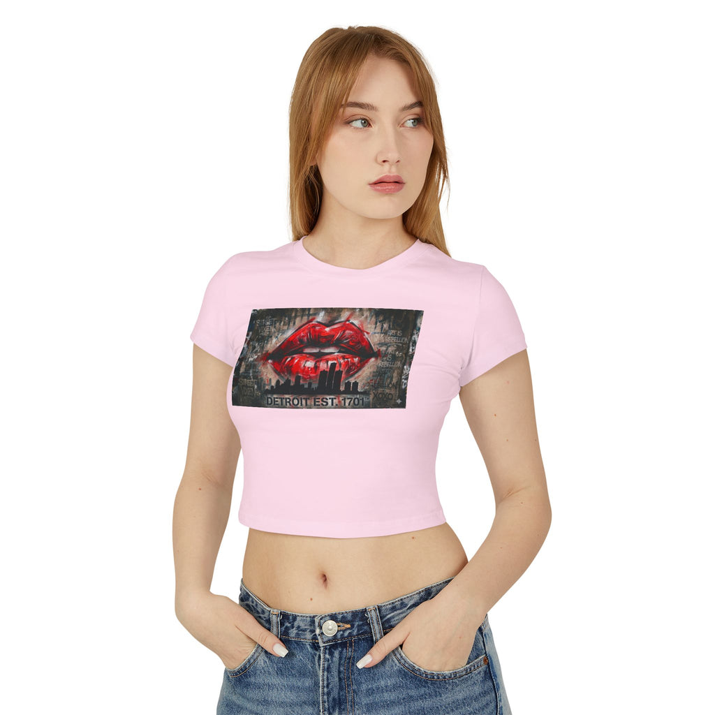 Women's Detroit Red Lips Crop Baby Tee — Graffiti Skyline Graphic