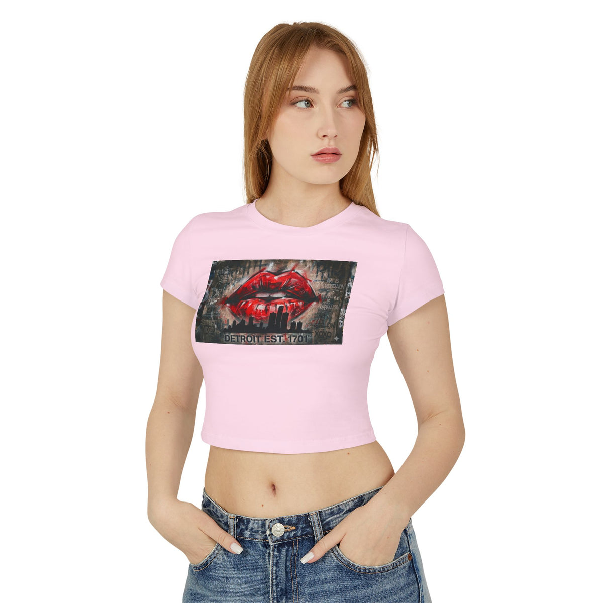 Women's Detroit Red Lips Crop Baby Tee — Graffiti Skyline Graphic