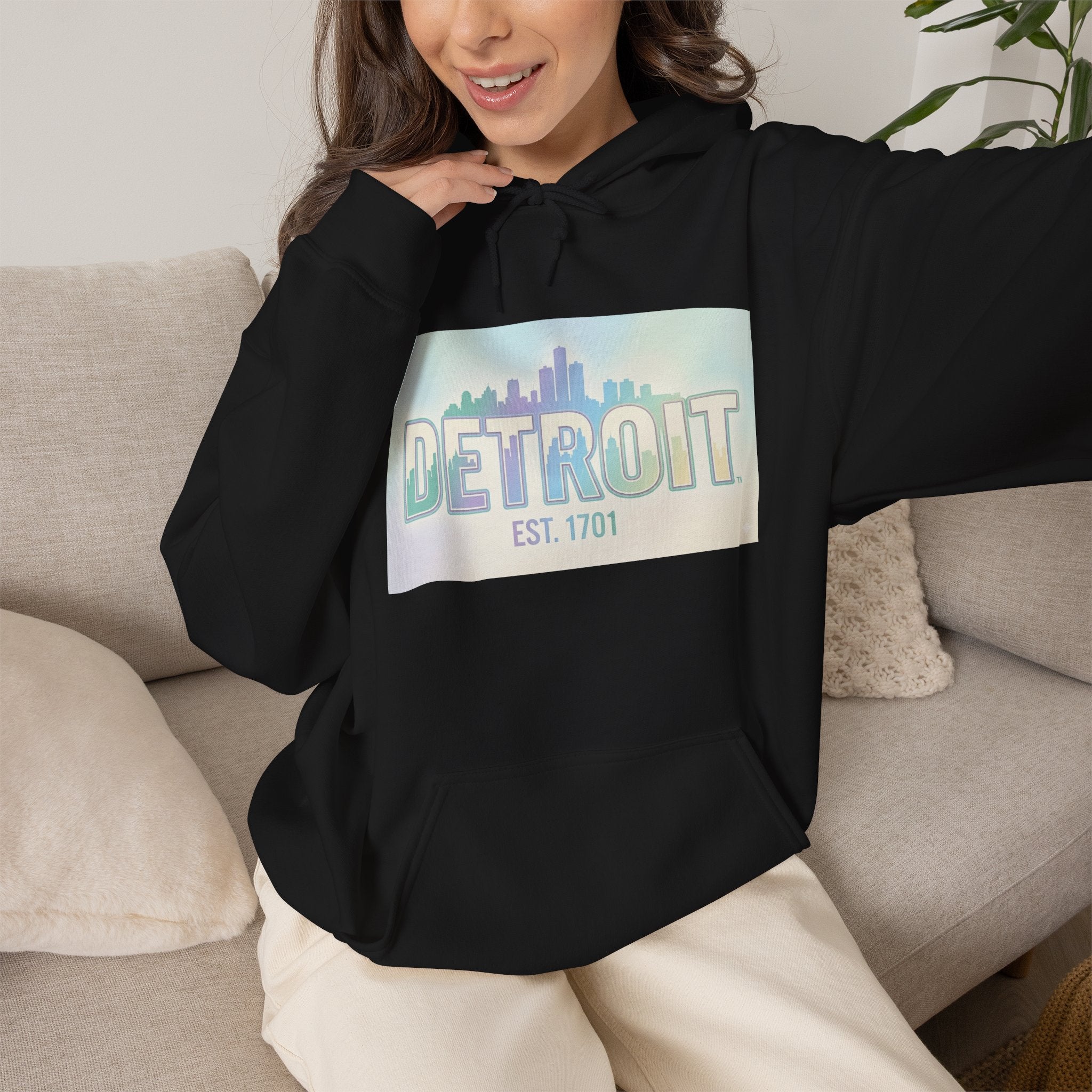 Women's Detroit Skyline Hoodie — Pastel Retro Cityscape "DETROIT Est. 1701"