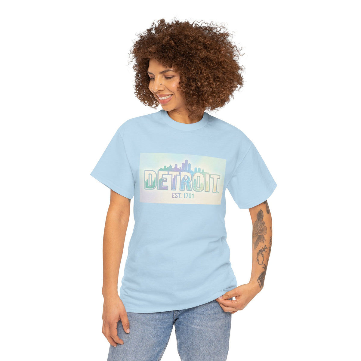 Women's Detroit Skyline T Shirt — Pastel Retro Cityscape "DETROIT Est. 1701"