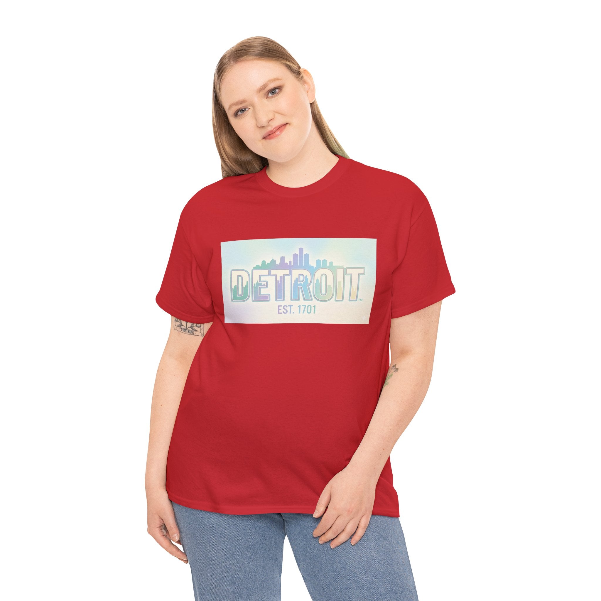 Women's Detroit Skyline T Shirt — Pastel Retro Cityscape "DETROIT Est. 1701"