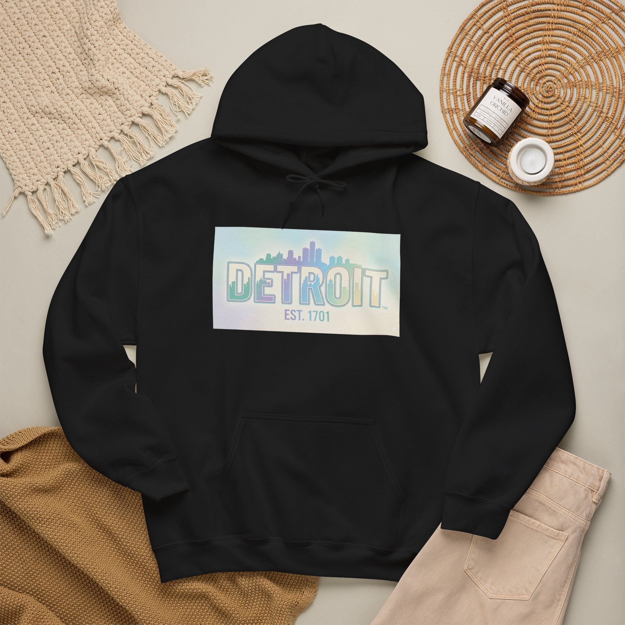 Women's Detroit Skyline Hoodie — Pastel Retro Cityscape "DETROIT Est. 1701"