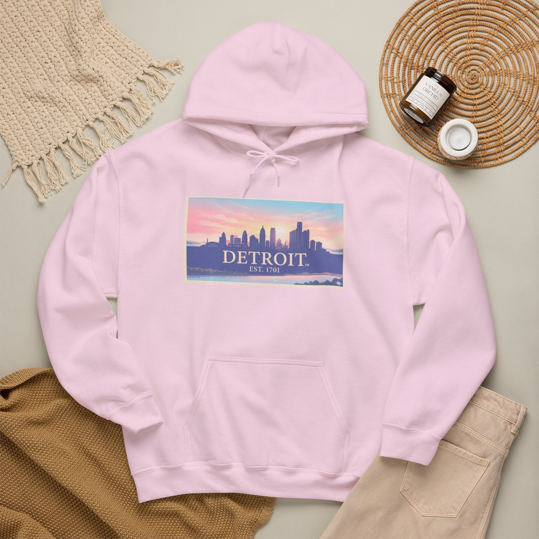 Women's Detroit Skyline Hoodie – Pastel Sunrise Cityscape