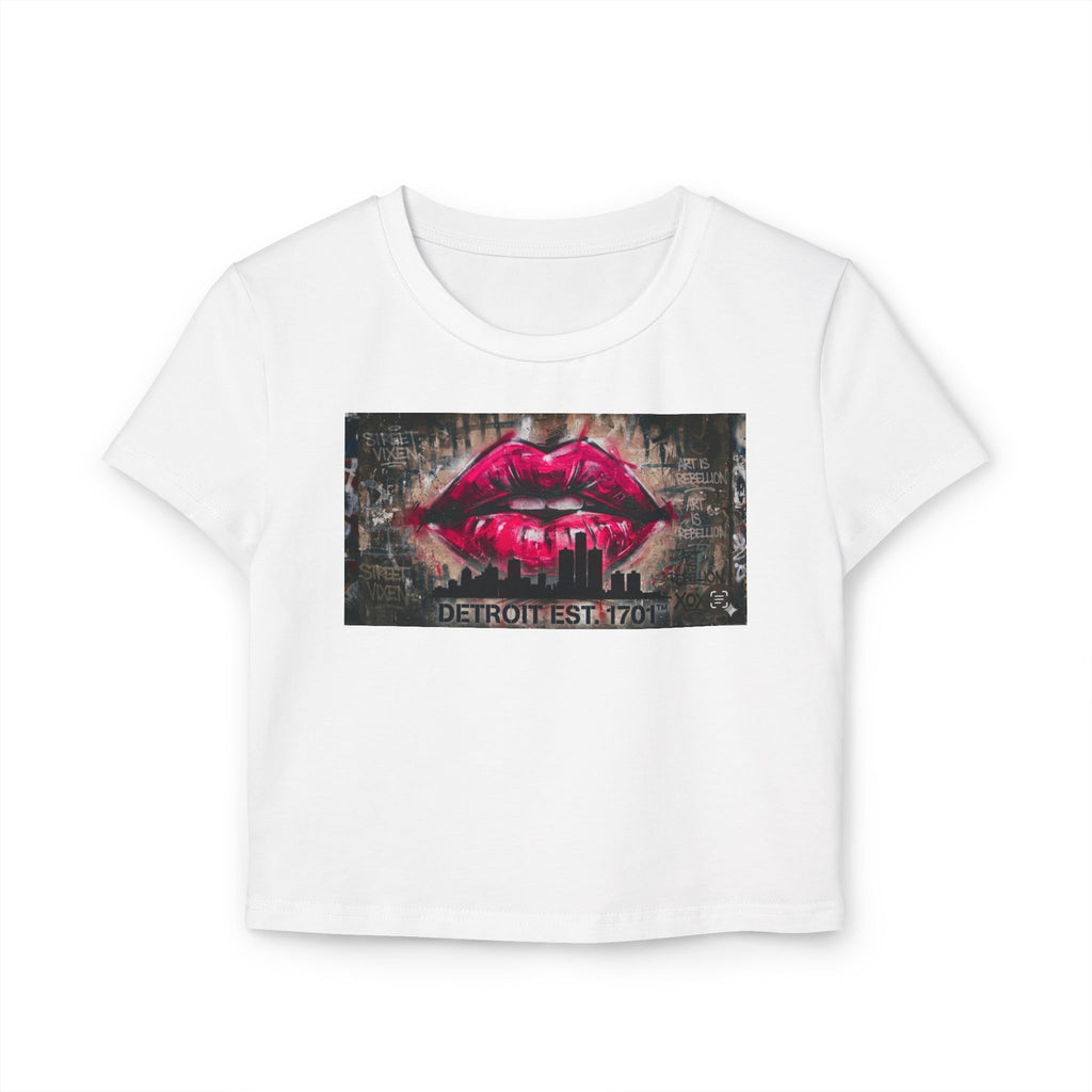 Women's Detroit Pink Lips Crop Baby Tee — Graffiti Skyline Graphic