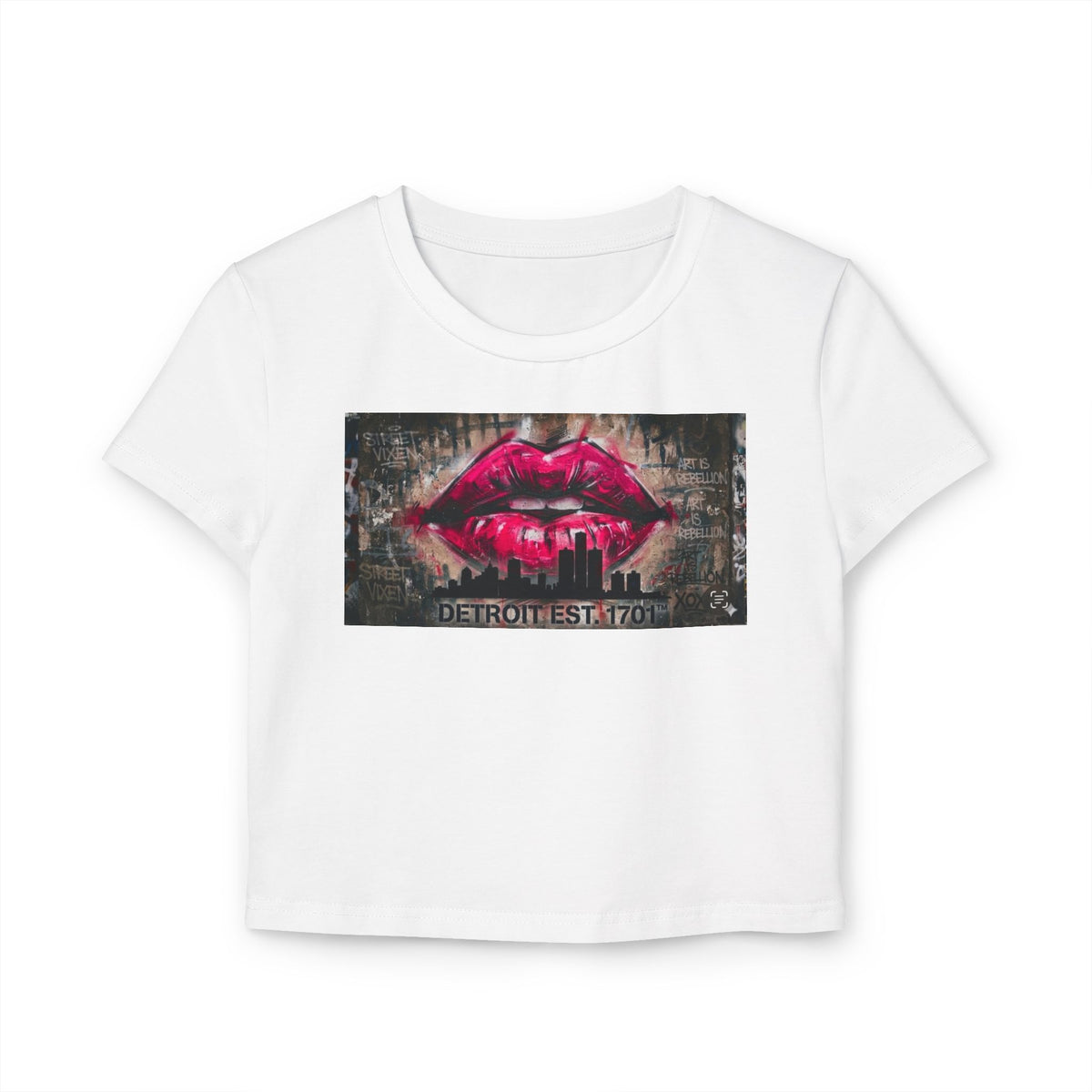 Women's Detroit Pink Lips Crop Baby Tee — Graffiti Skyline Graphic