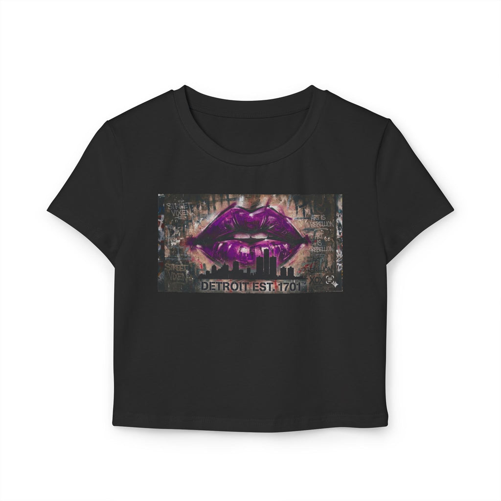 Women's Detroit Purple Lips Crop Baby Tee — Graffiti Skyline Graphic