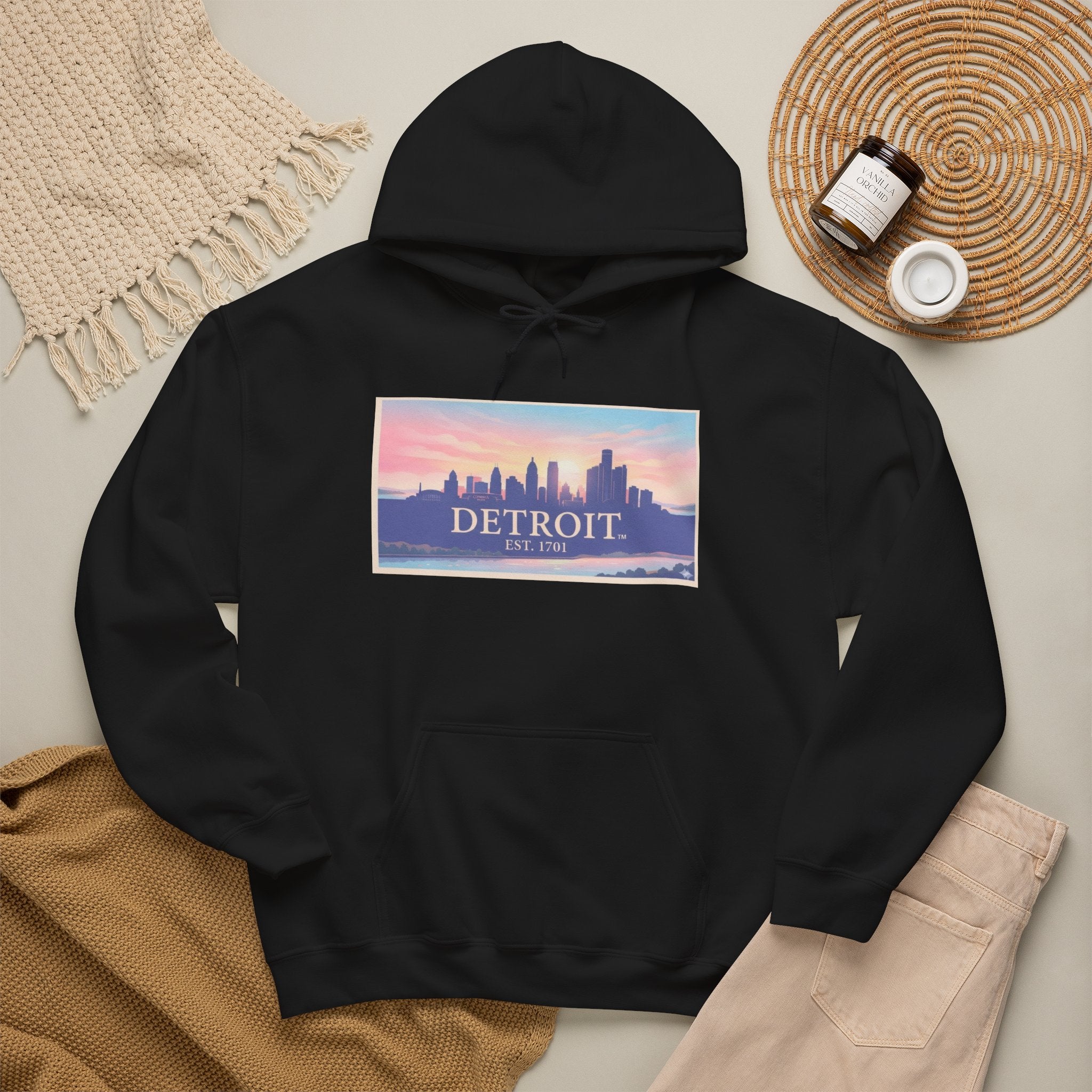 Women's Detroit Skyline Hoodie – Pastel Sunrise Cityscape