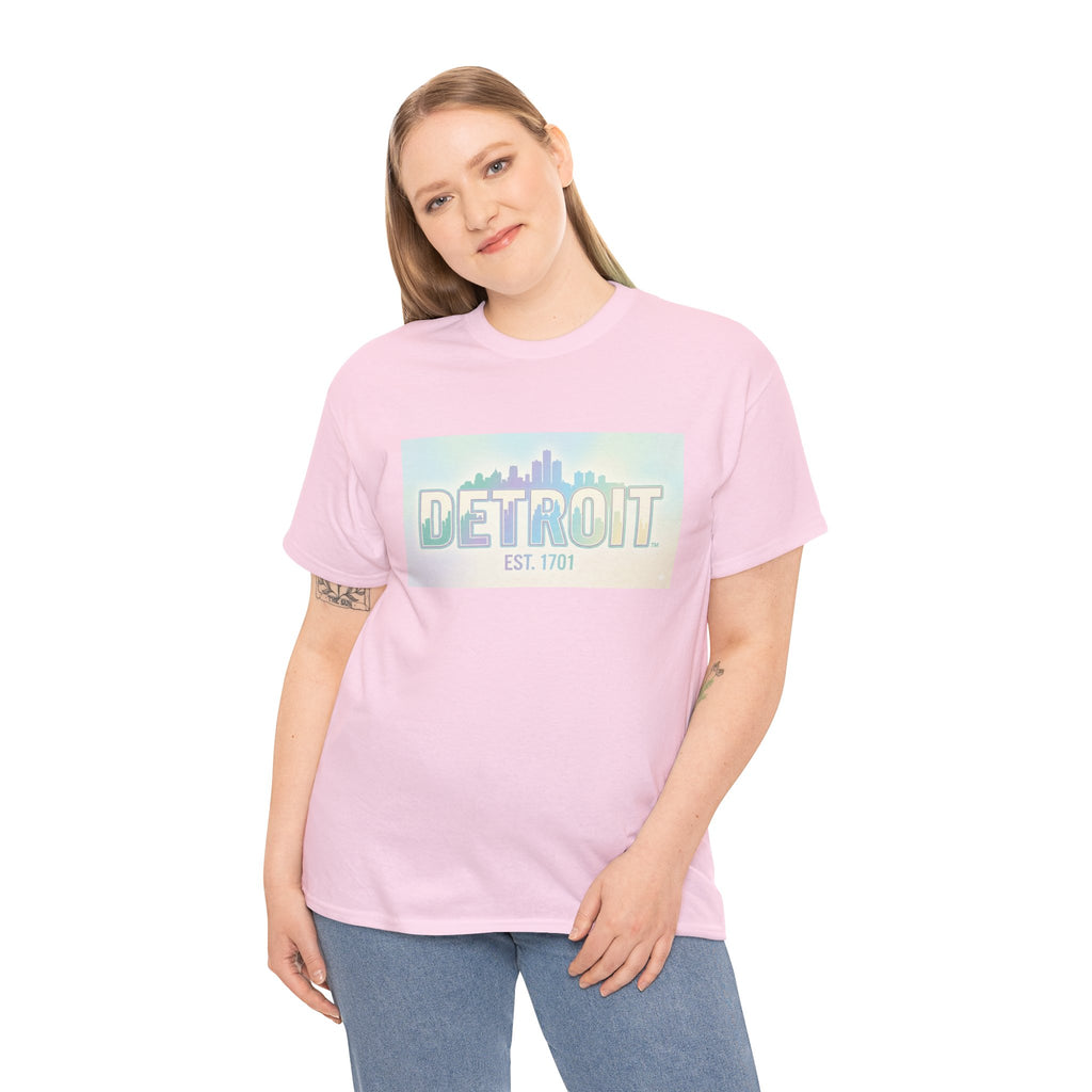 Women's Detroit Skyline T Shirt — Pastel Retro Cityscape "DETROIT Est. 1701"