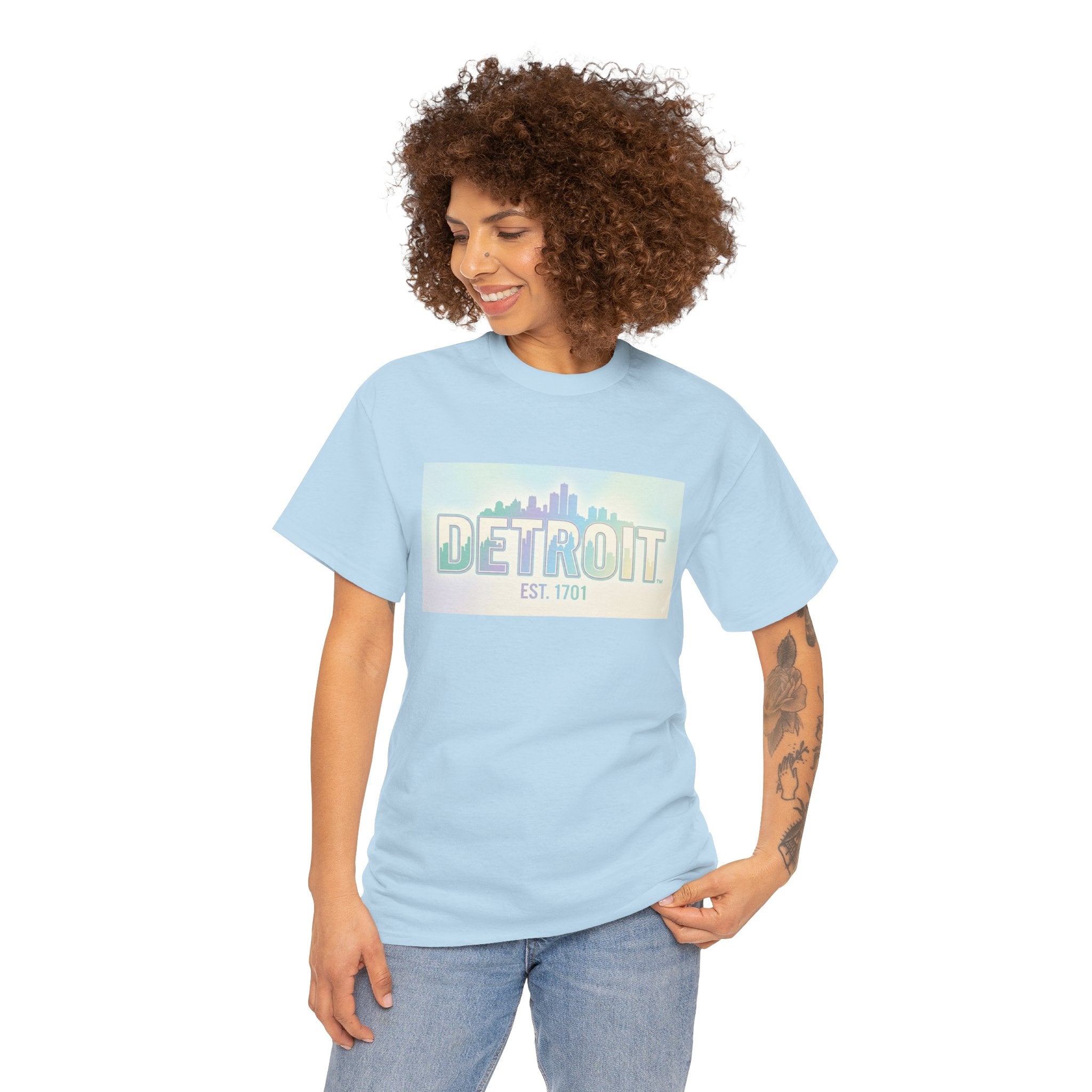 Women's Detroit Skyline T Shirt — Pastel Retro Cityscape "DETROIT Est. 1701"